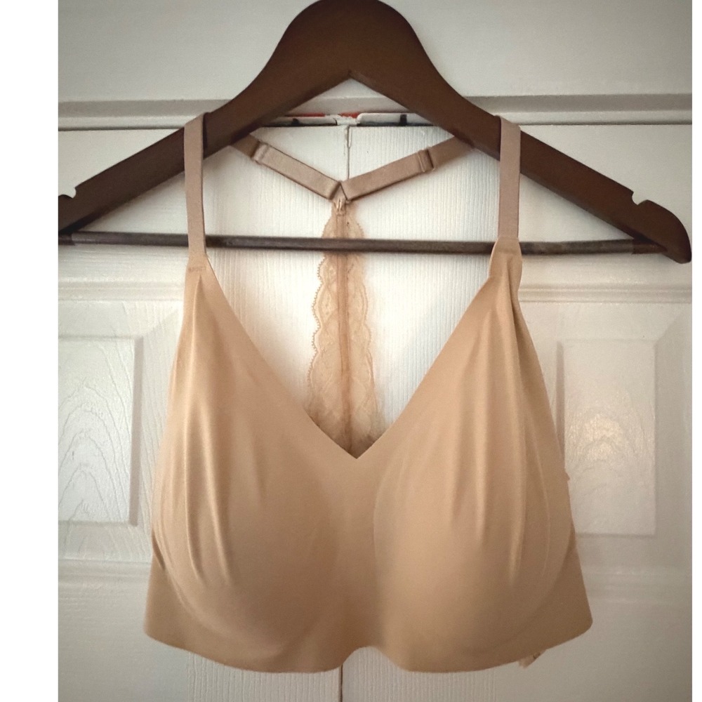 True & Co True Body Triangle Lace Racerback Bra Beige Wirefree L 36C-D 38A-B